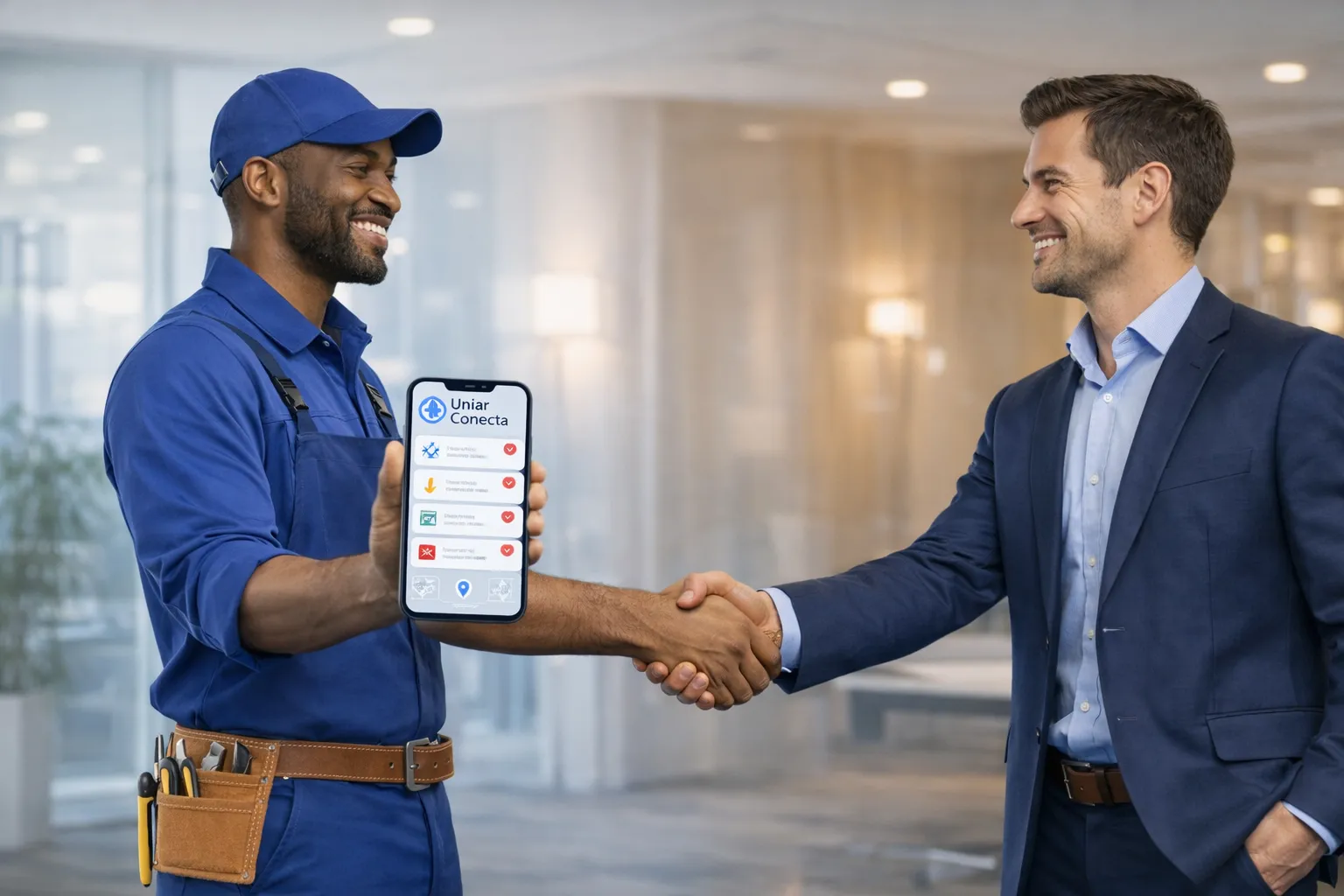 Profissional da Uniar Conecta apertando a mão de um cliente